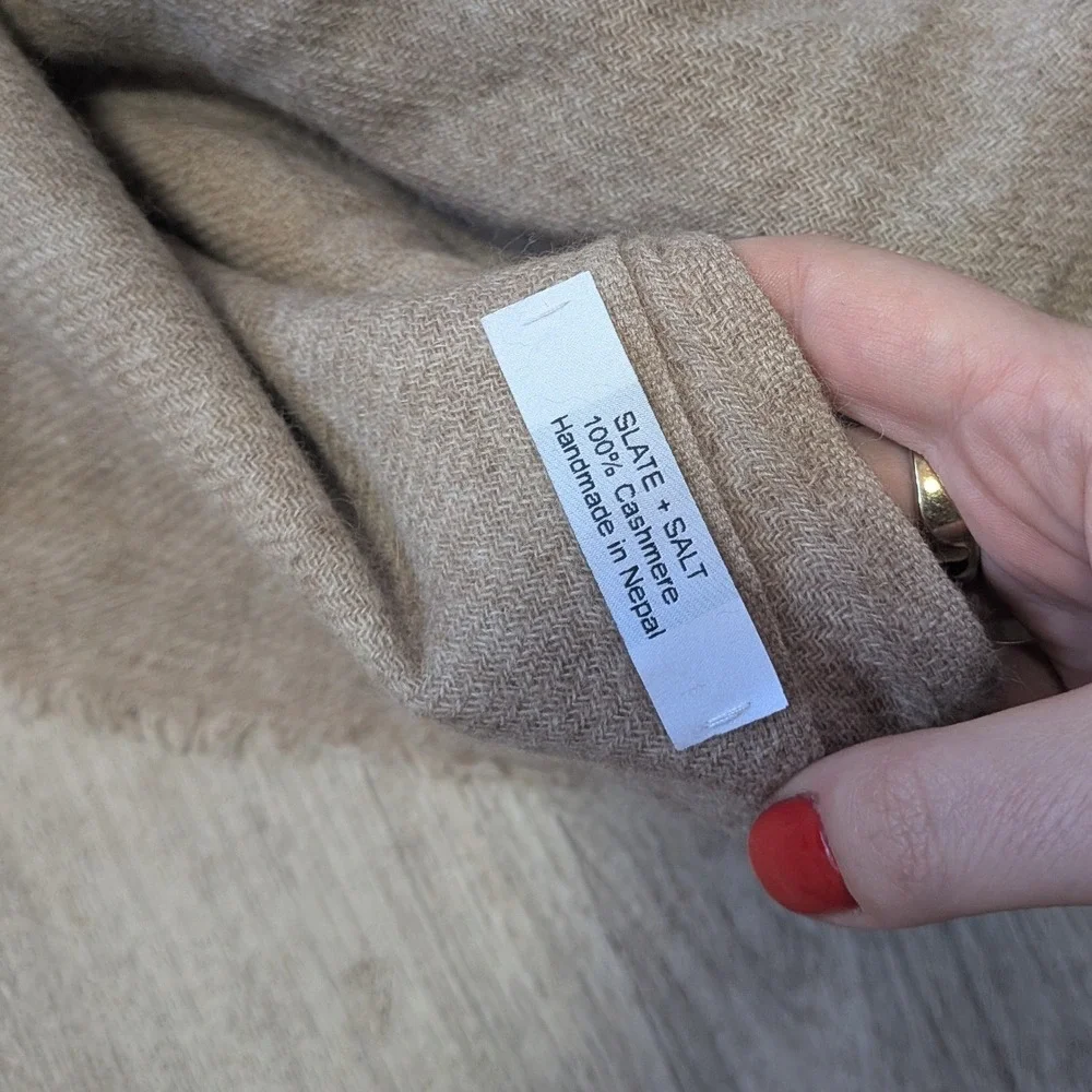 NEW Slate + Salt Beige Handloom 100% Cashmere Scarf Taupe Brown Frayed